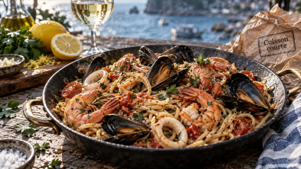 Spaghettis au fruits de mer, moules et crevettes, cuisson courte