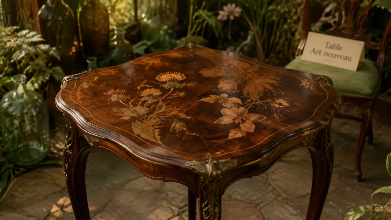 Table art nouveau en acajou : guéridon tripode en marqueterie florale