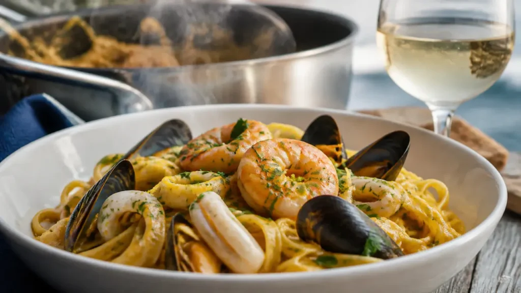 Tagliatelles aux fruits de mer : crème safranée, vin blanc et cuisson al dente