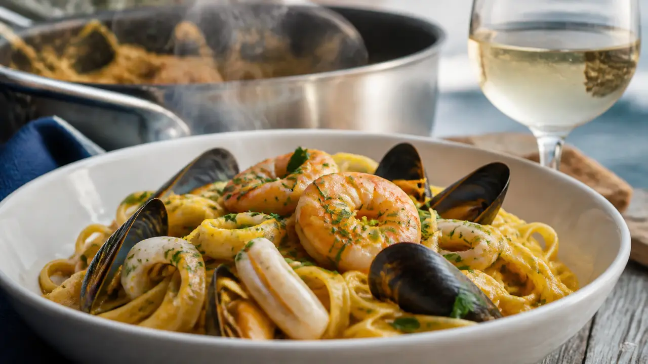 Tagliatelles aux fruits de mer à la crème safranée, crevettes, moules et calamars