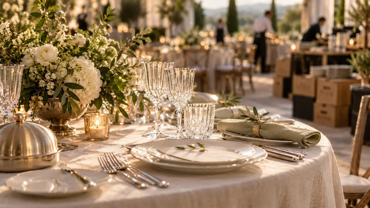 Art de table champenois : vaisselle blanche et couverts sur nappe lin ivoire en Marne