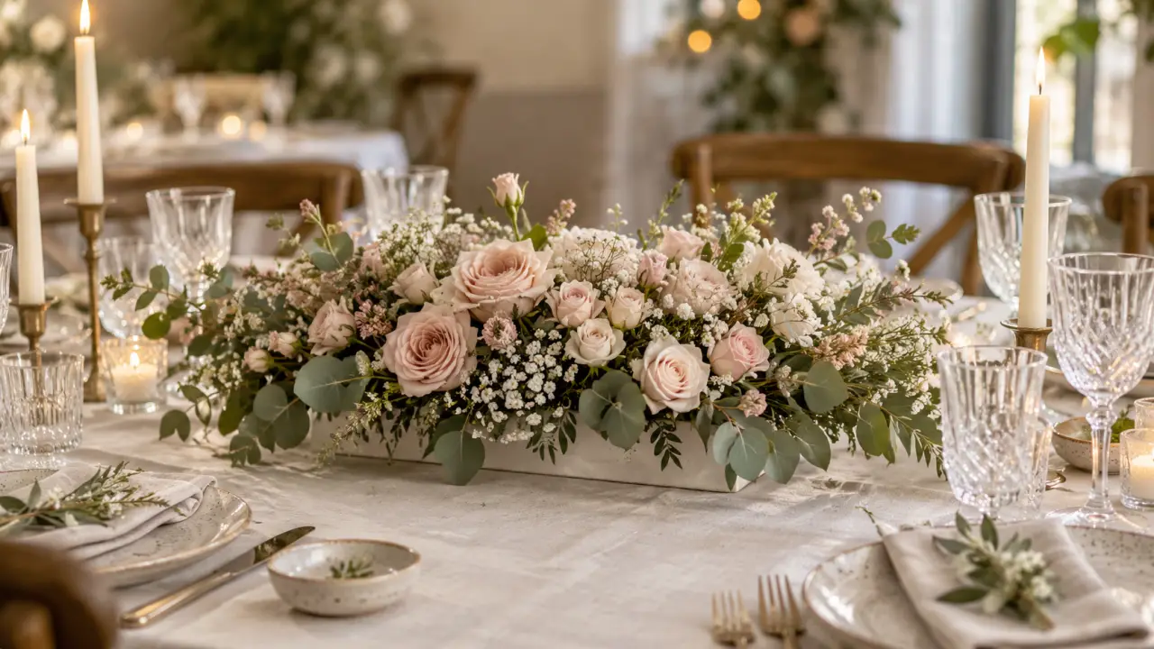 Art floral centre de table allongé pastel sur table dressée, feuillages et fleurs