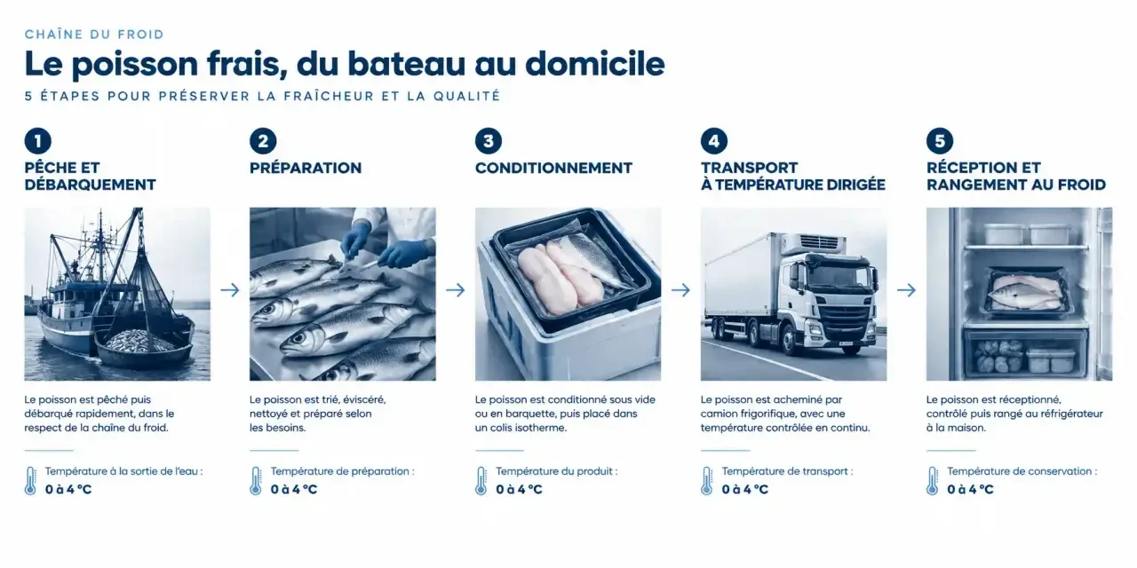 Schéma de la chaîne du froid pour la livraison de poisson frais, du bateau jusqu'à la cuisine