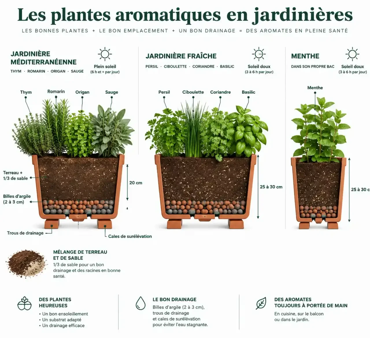 Schéma des jardinières plantes aromatiques : profondeur, drainage et regroupement des plantes selon leurs besoins en eau