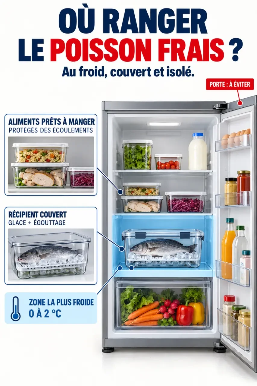 Schéma de rangement du poisson frais au frigo dans la zone la plus froide