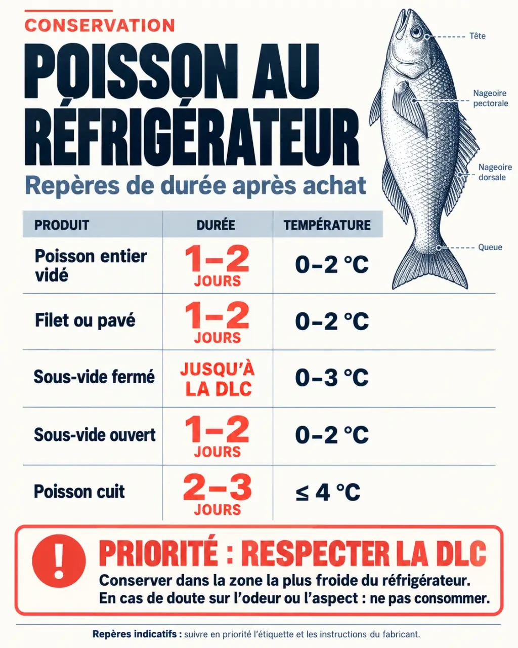 Infographie poisson frais combien de temps au frigo selon la présentation et la température