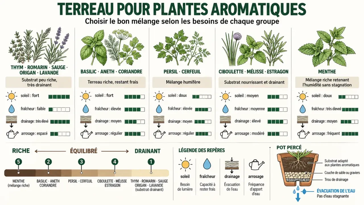 Infographie sur le terreau pour plantes aromatiques selon les besoins du thym, du basilic, du persil et de la menthe