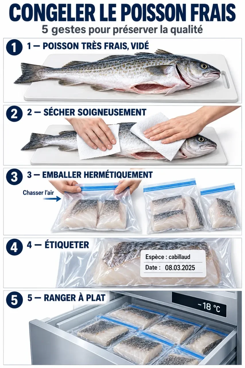 Étapes pour congeler du poisson frais à -18 °C avec emballage hermétique