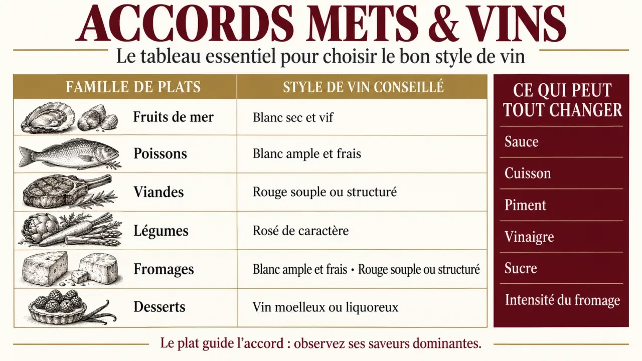 Tableau des accords mets et vins selon les plats, les sauces et l’intensité des saveurs