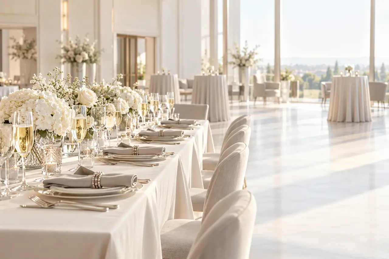 Art de table champenois avec vaisselle, nappage et mobilier pour une réception élégante