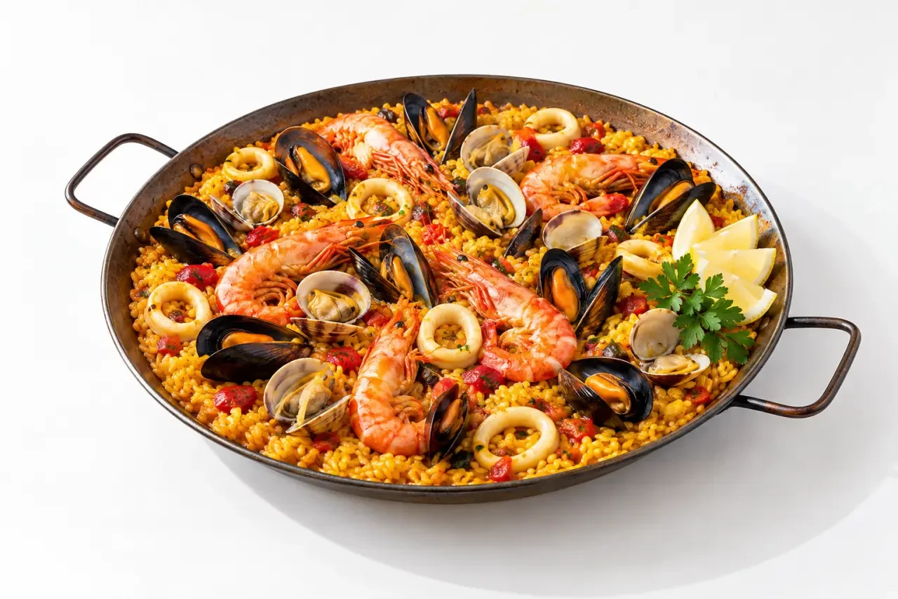 Recettes de paella aux fruits de mer servies dans une paellera avec riz safrané, crevettes et moules