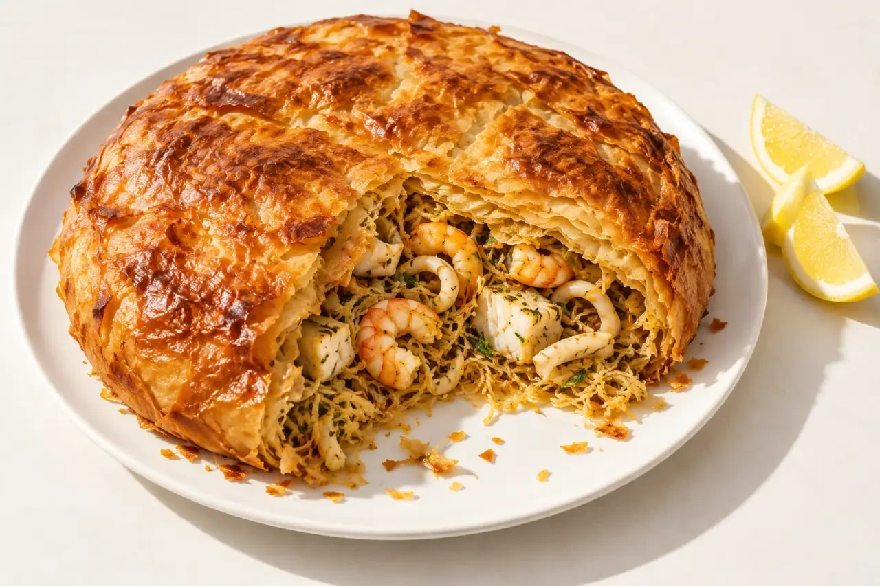 Pastilla aux fruits de mer marocaine dorée et croustillante servie avec du citron