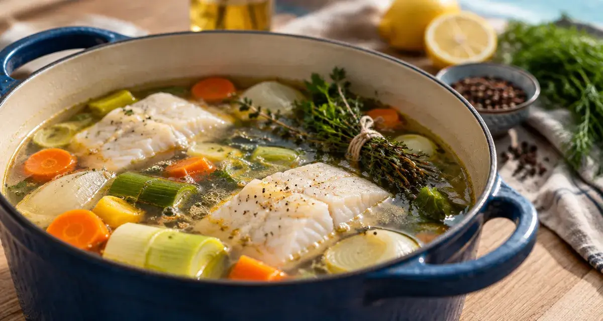 Recette du poisson au court bouillon : poisson blanc en court-bouillon frémissant, 10 minutes