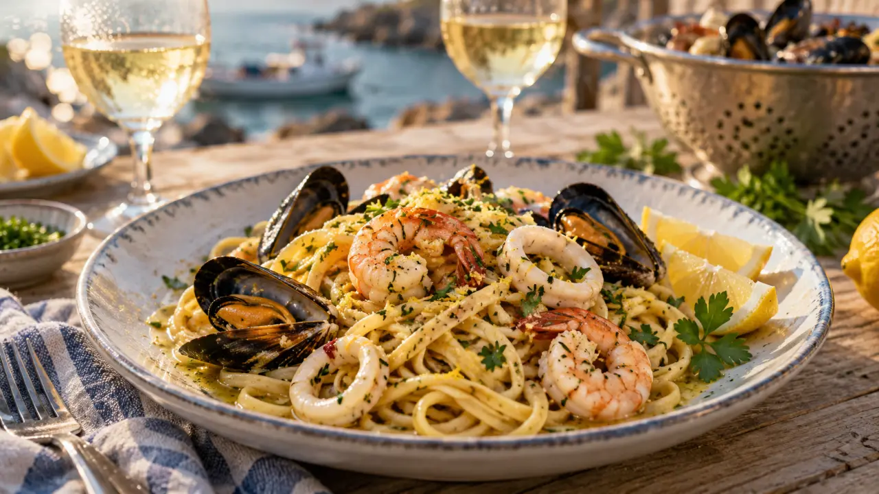 Recettes de fruits de mer : linguine aux fruits de mer, citron et vin blanc