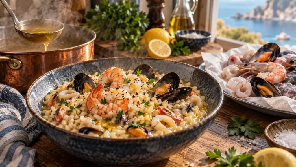 Risotto aux fruits de mer : le bon moment pour garder le riz crémeux et la garniture tendre
