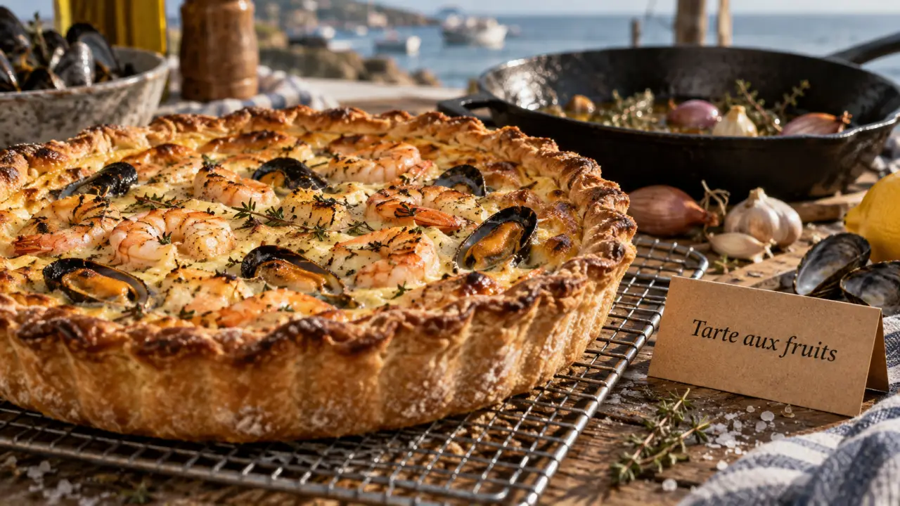 Tarte aux fruits de mer dorée, pâte croustillante